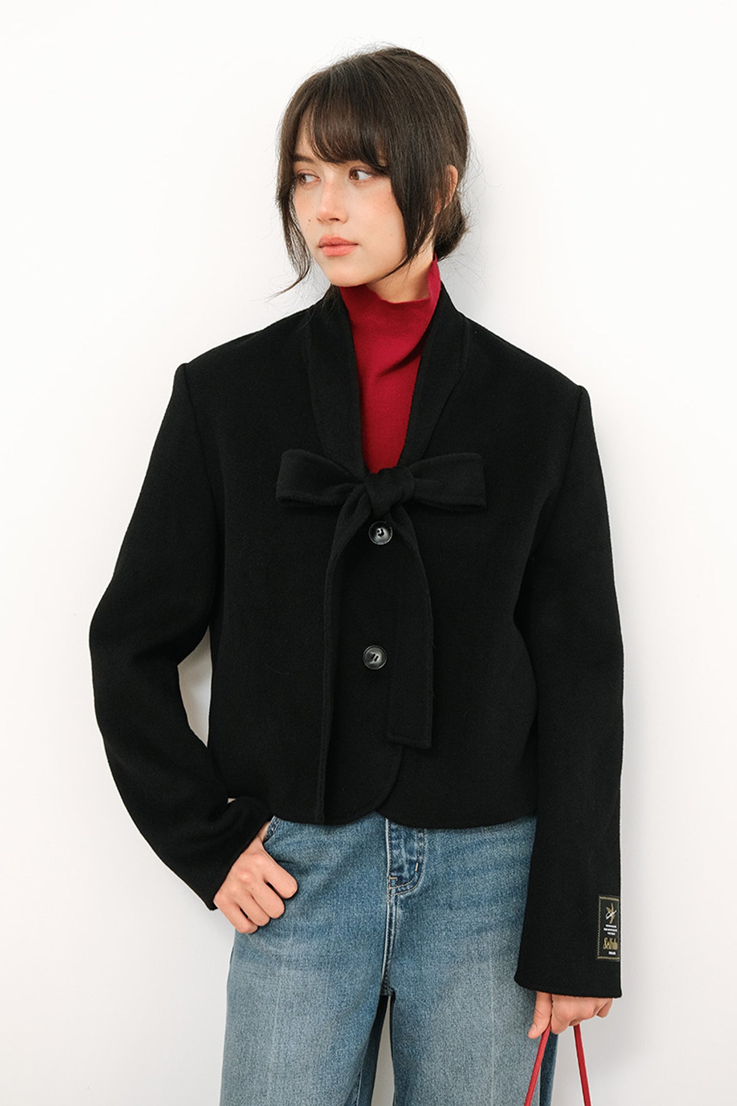SELFWHO 100% WEool Short Coat With Flowing Collar