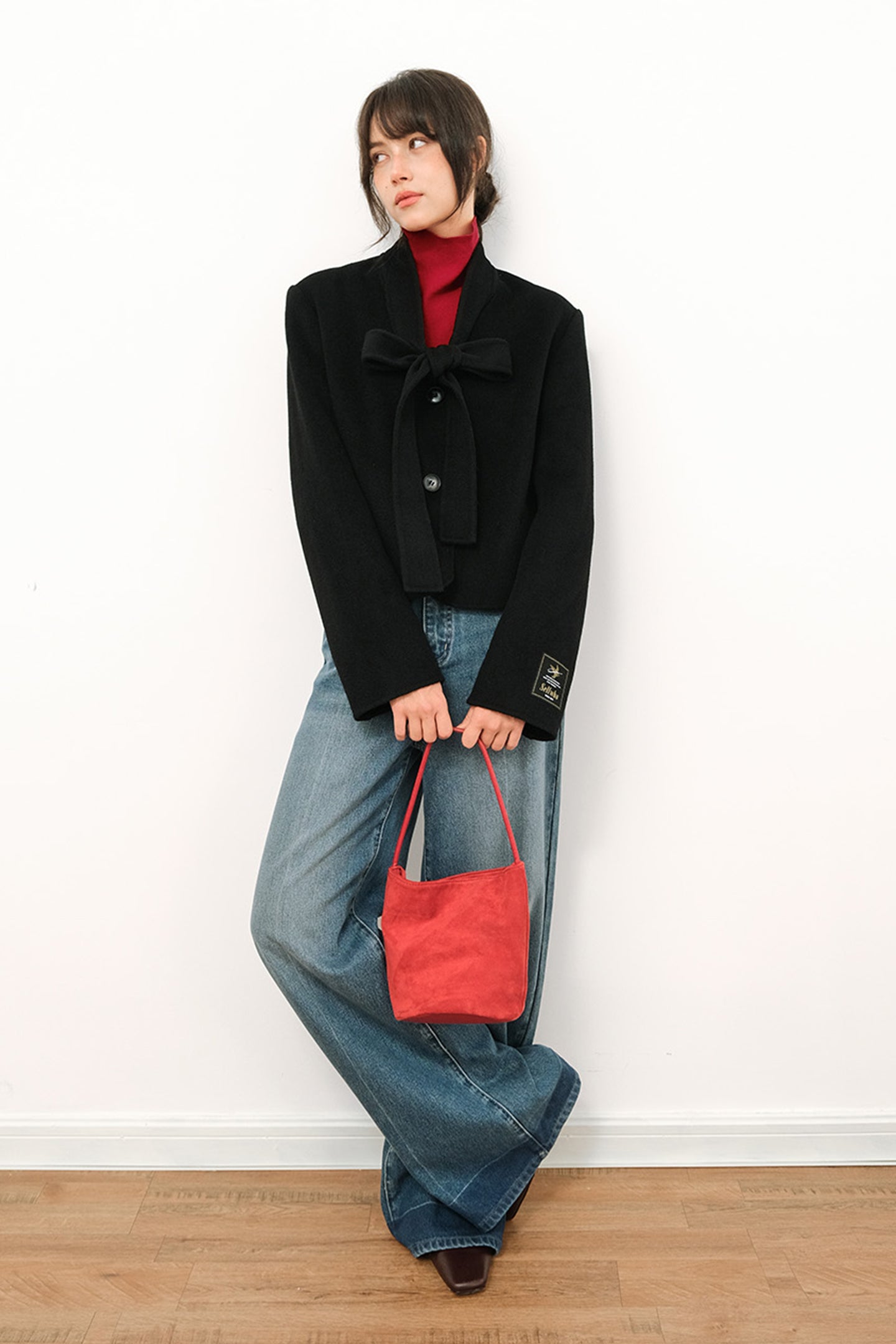 SELFWHO 100% WEool Short Coat With Flowing Collar
