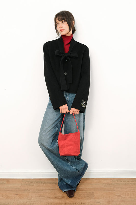 SELFWHO 100% WEool Short Coat With Flowing Collar