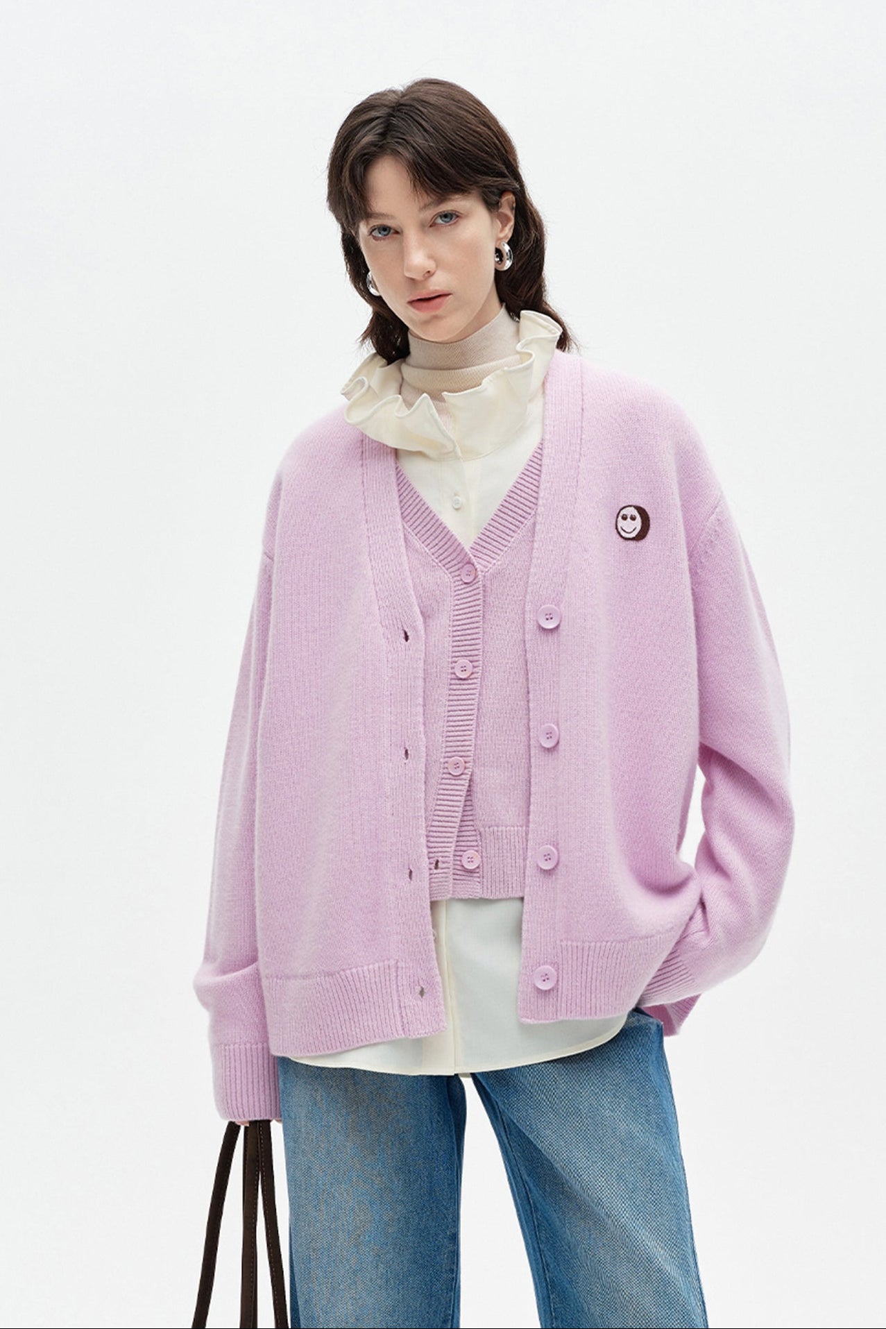 SELFWHO 100% Wool Smiley Face Patch Knitted Cardigan