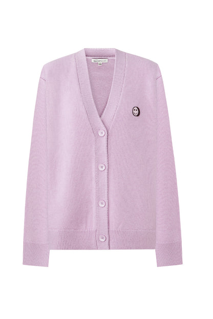 SELFWHO 100% Wool Smiley Face Patch Knitted Cardigan