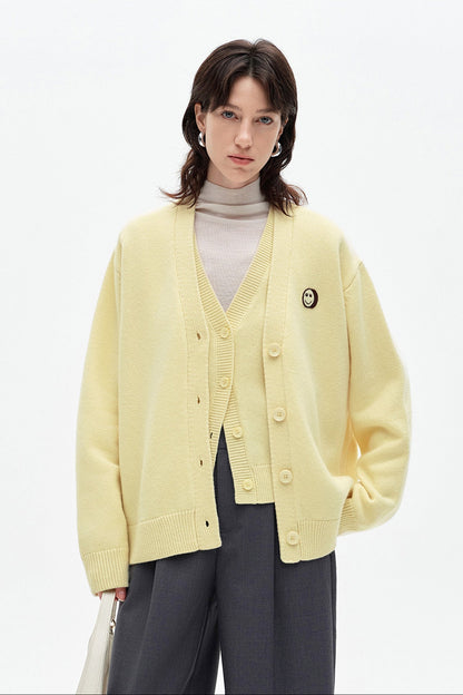 SELFWHO 100% Wool Smiley Face Patch Knitted Cardigan