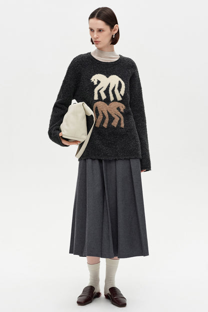 SELFWHO Little Horse Element Warm Crew Neck Knitted Sweater