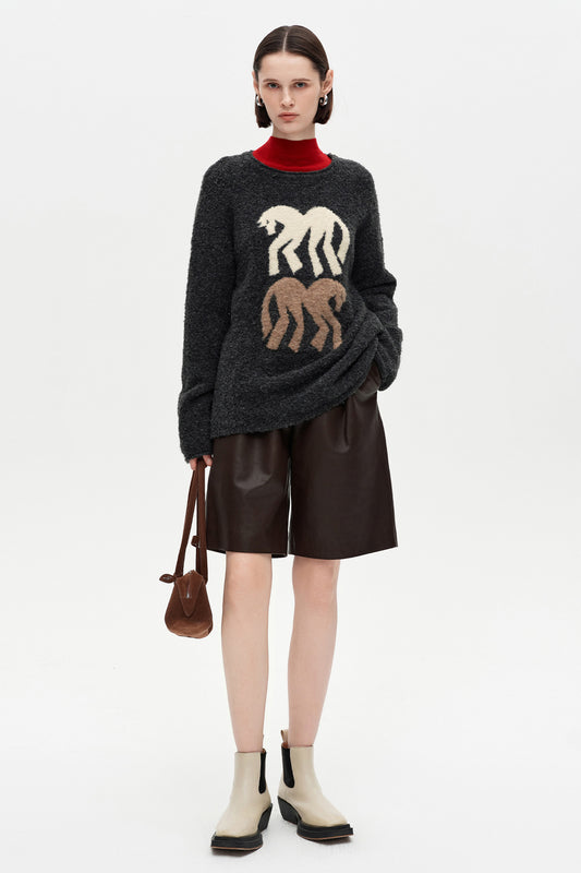 SELFWHO Little Horse Element Warm Crew Neck Knitted Sweater