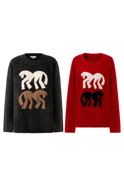 SELFWHO Little Horse Element Warm Crew Neck Knitted Sweater