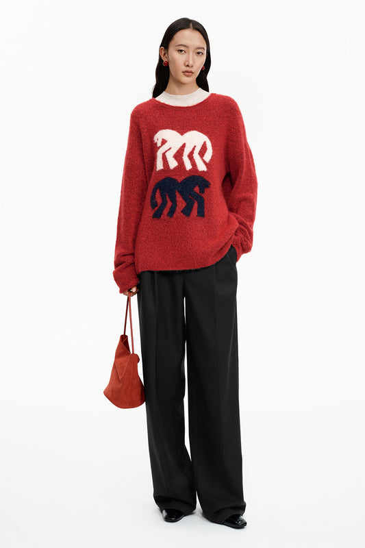 SELFWHO Little Horse Element Warm Crew Neck Knitted Sweater