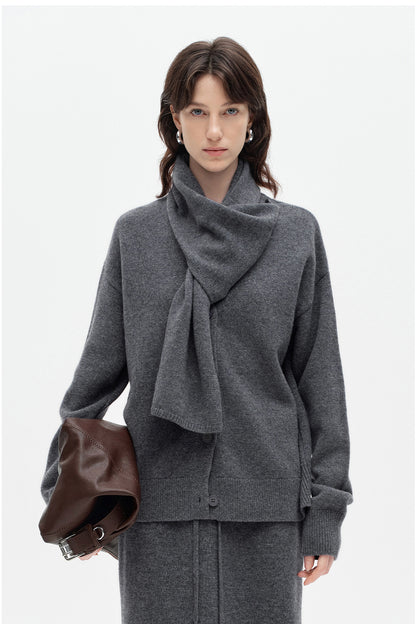 SELFWHO 100% Wool Detachable Scarf Collar Sweater