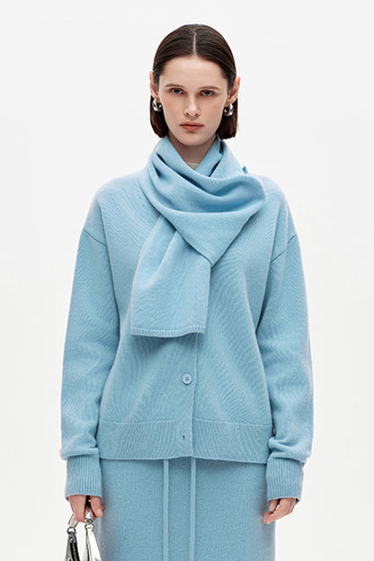 SELFWHO 100% Wool Detachable Scarf Collar Sweater