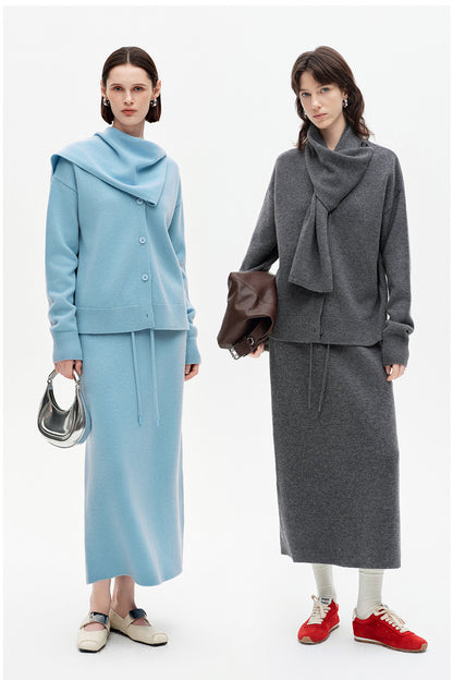 SELFWHO 100% Wool Detachable Scarf Collar Sweater