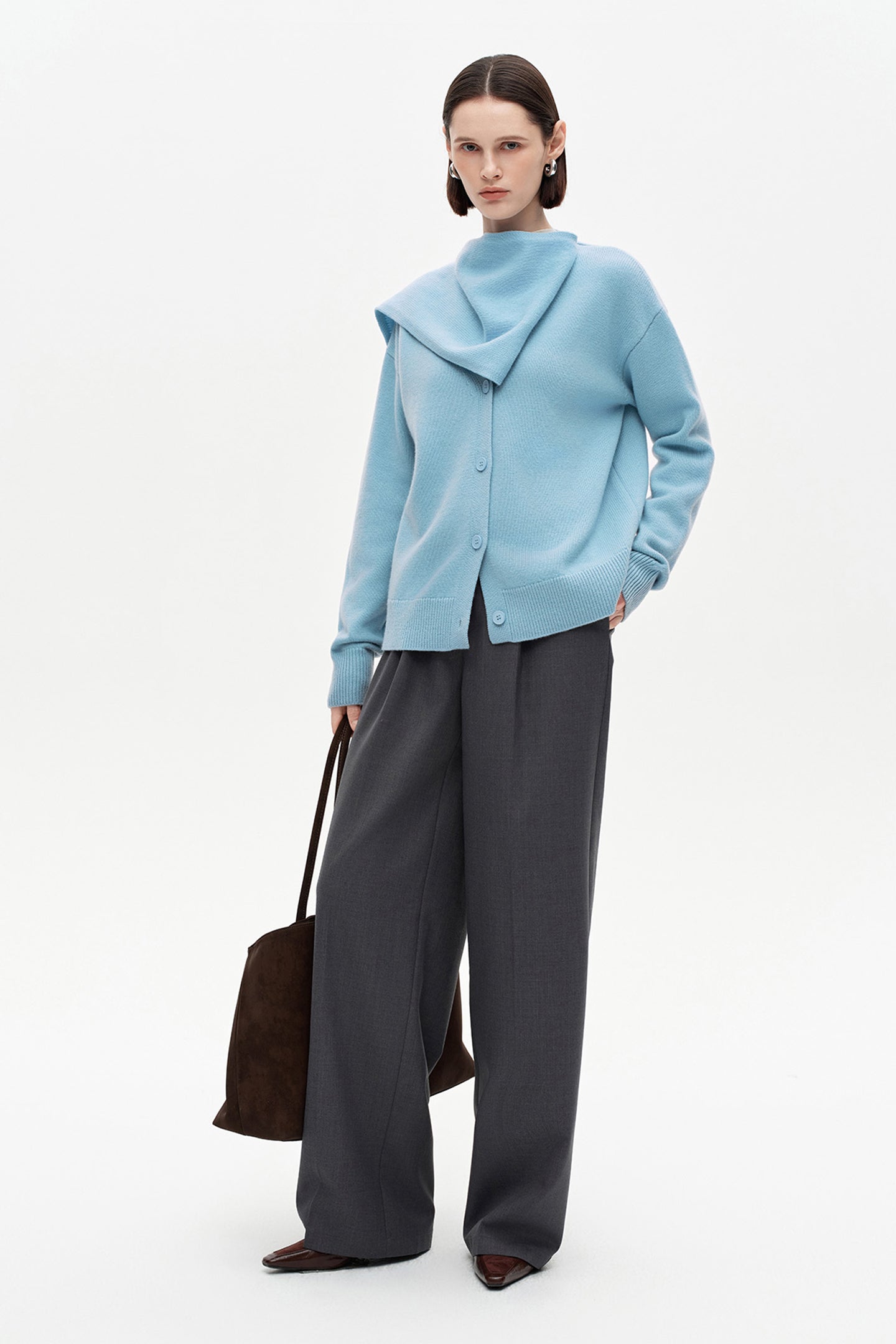 SELFWHO 100% Wool Detachable Scarf Collar Sweater