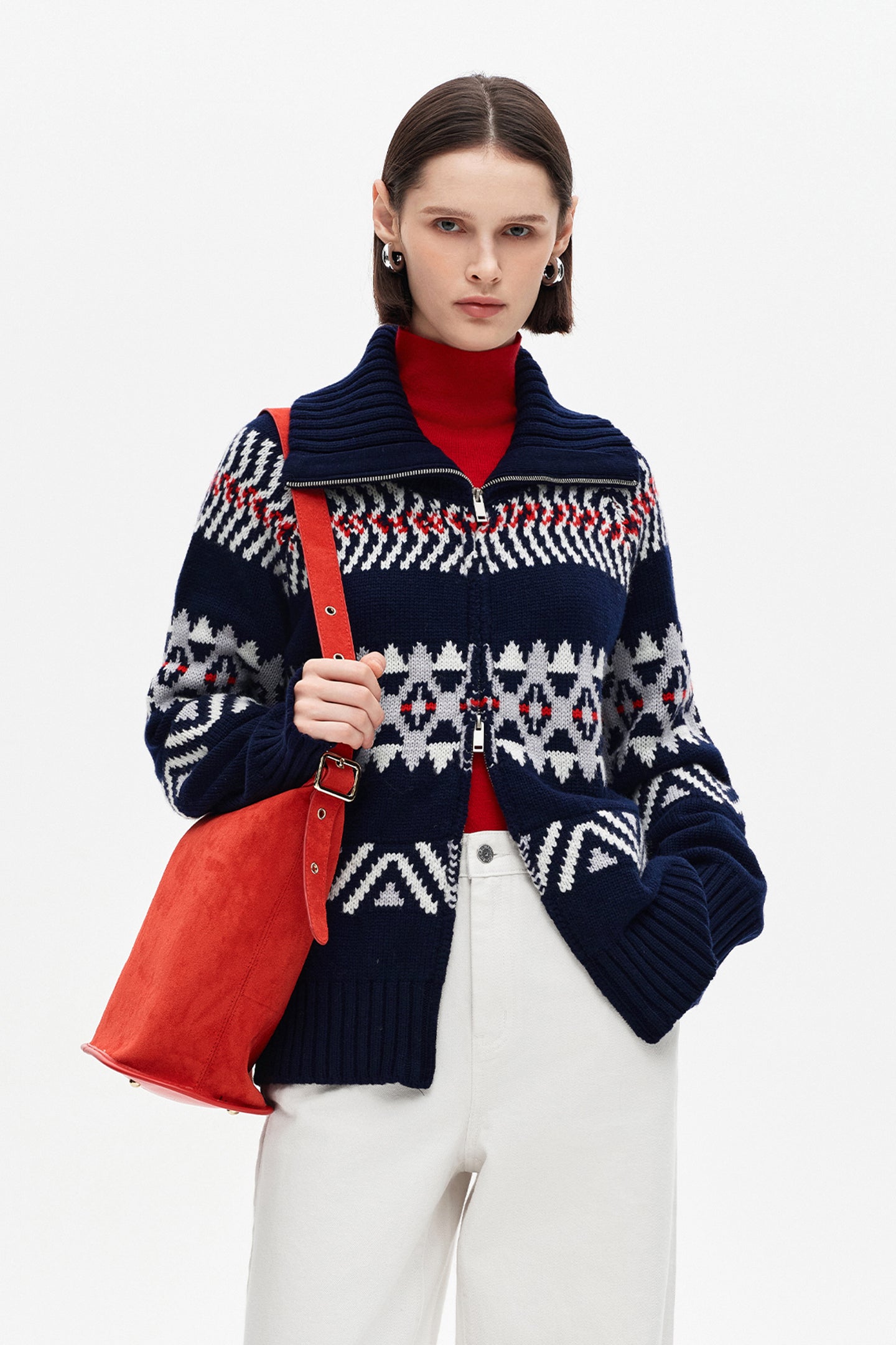 SELFWHO Wool Blend Fair Isle Lapel Sweater