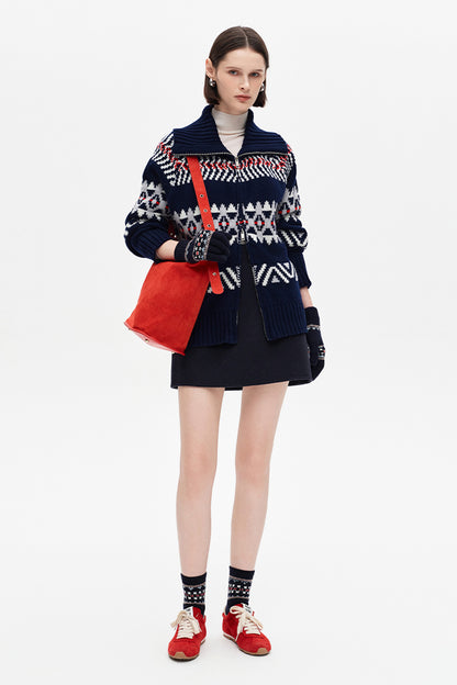 SELFWHO Wool Blend Fair Isle Lapel Sweater