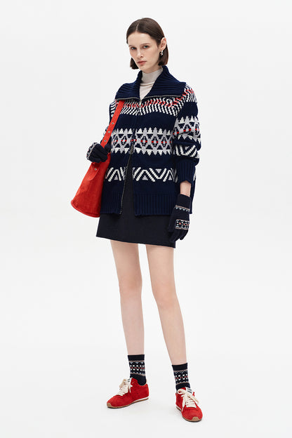 SELFWHO Wool Blend Fair Isle Lapel Sweater