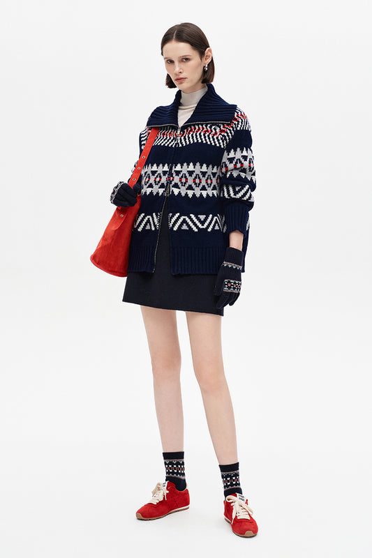 SELFWHO Wool Blend Fair Isle Lapel Sweater
