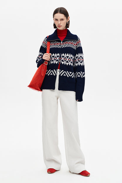 SELFWHO Wool Blend Fair Isle Lapel Sweater