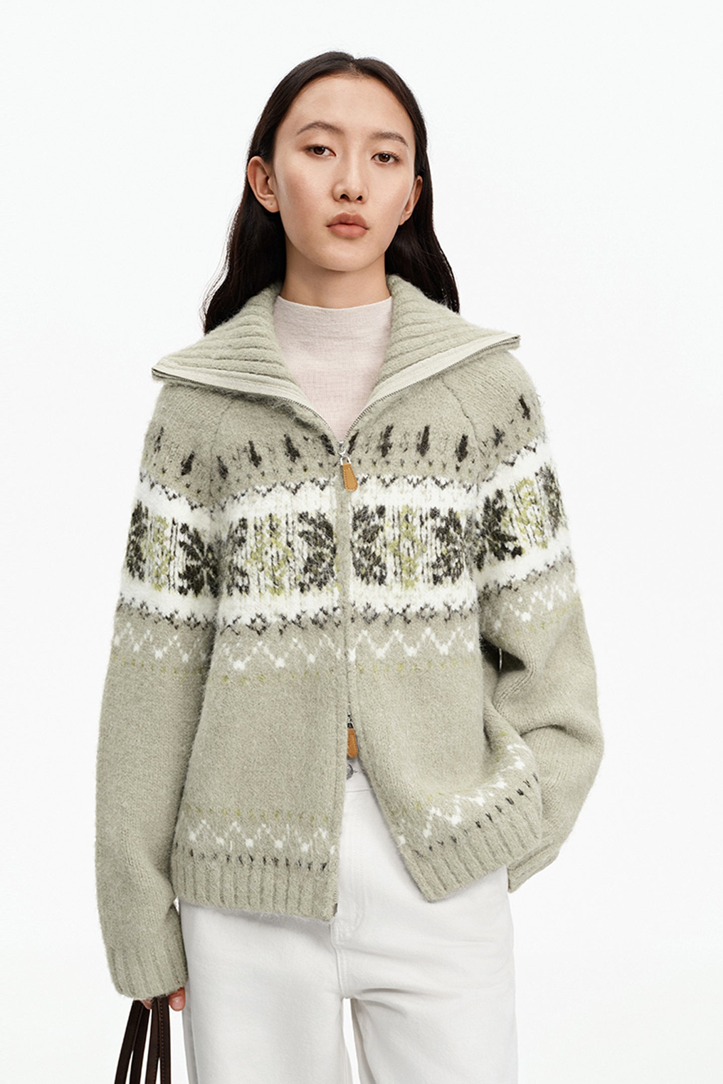 SELFWHO Wool Blend Fair Isle Collar Cardigan