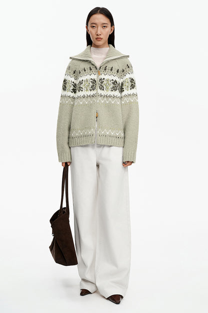 SELFWHO Wool Blend Fair Isle Collar Cardigan