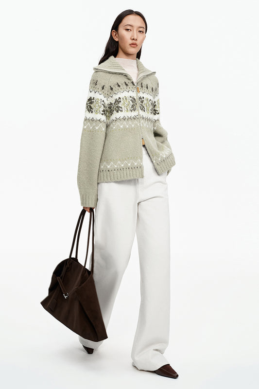 SELFWHO Wool Blend Fair Isle Collar Cardigan