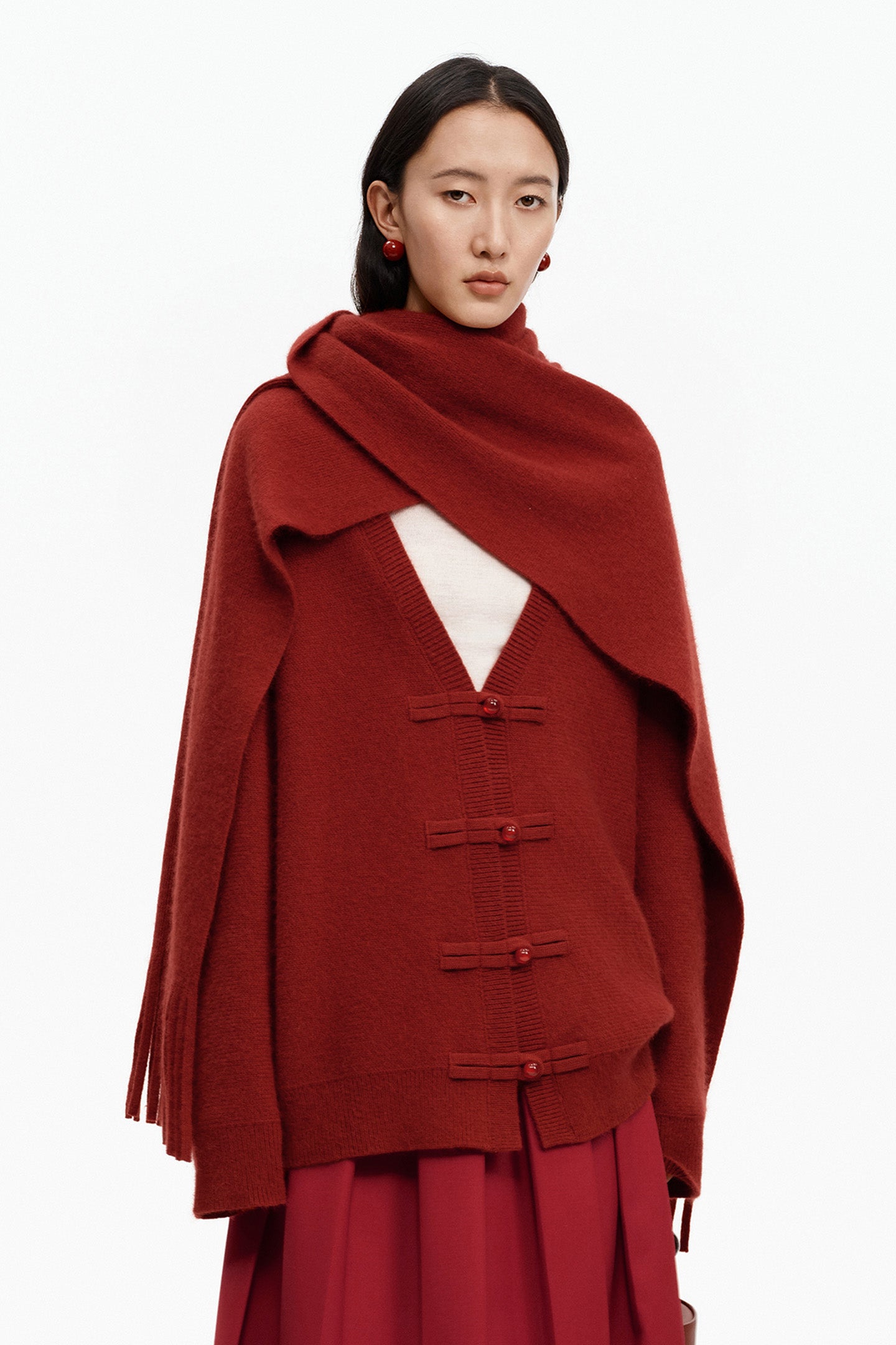 SELFWHO Merino Wool Blend Oriental Style V-neck Knitted Sweater