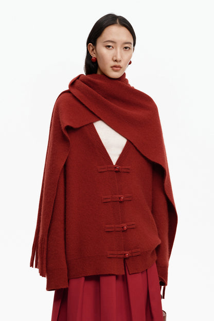 SELFWHO Merino Wool Blend Oriental Style V-neck Knitted Sweater