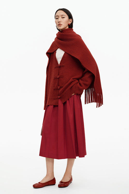 SELFWHO Merino Wool Blend Oriental Style V-neck Knitted Sweater