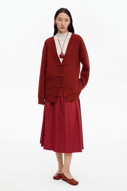 SELFWHO Merino Wool Blend Oriental Style V-neck Knitted Sweater