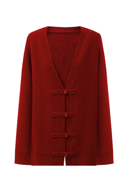 SELFWHO Merino Wool Blend Oriental Style V-neck Knitted Sweater