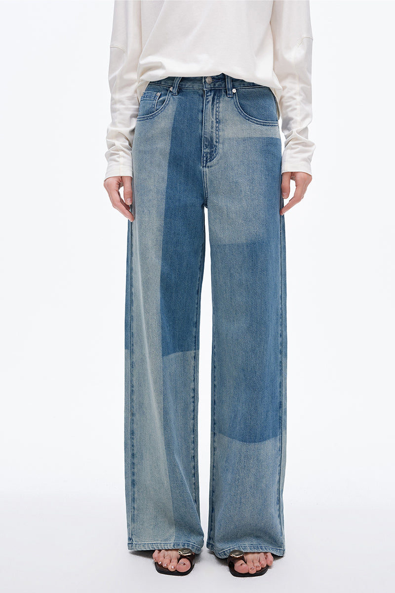 SELFWHO irregular contrast washed jeans