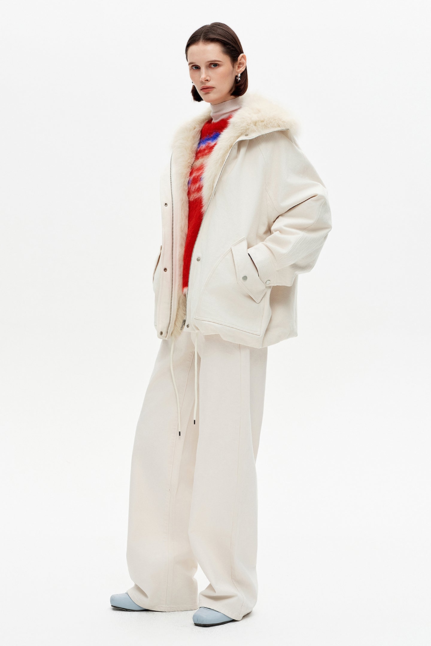 SELFWHO Collared White Denim Down Jacket