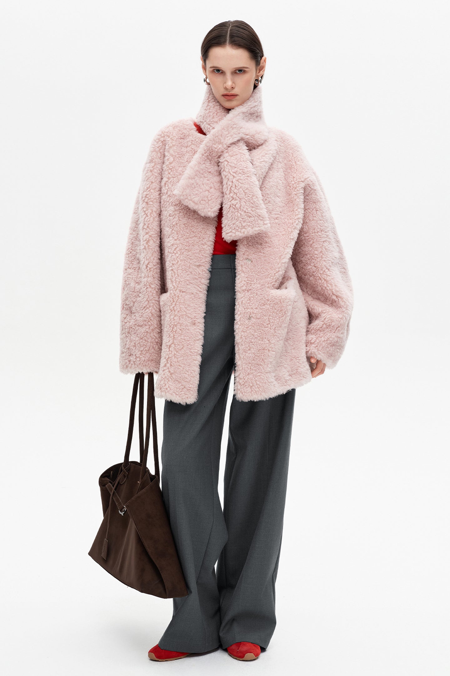 SELFWHO wool blend shearling coat