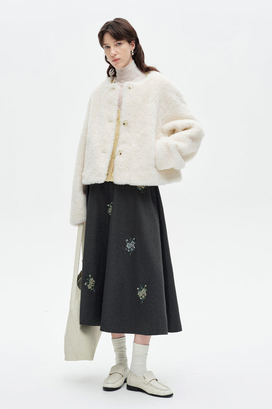 SELFWHO Wool Blend White Fur Coat