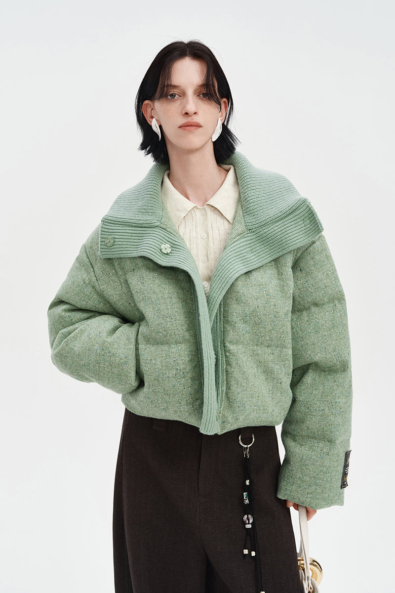 Green white duck down wool lapel short coat down jacket