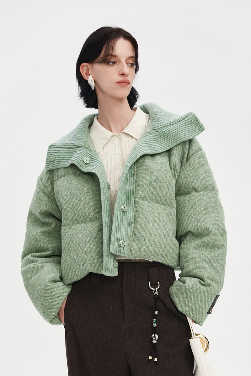 Green white duck down wool lapel short coat down jacket