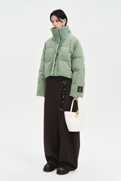 Green white duck down wool lapel short coat down jacket
