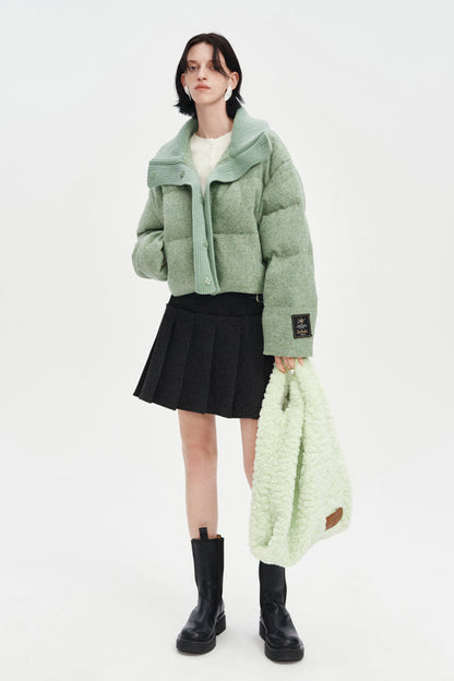 Green white duck down wool lapel short coat down jacket