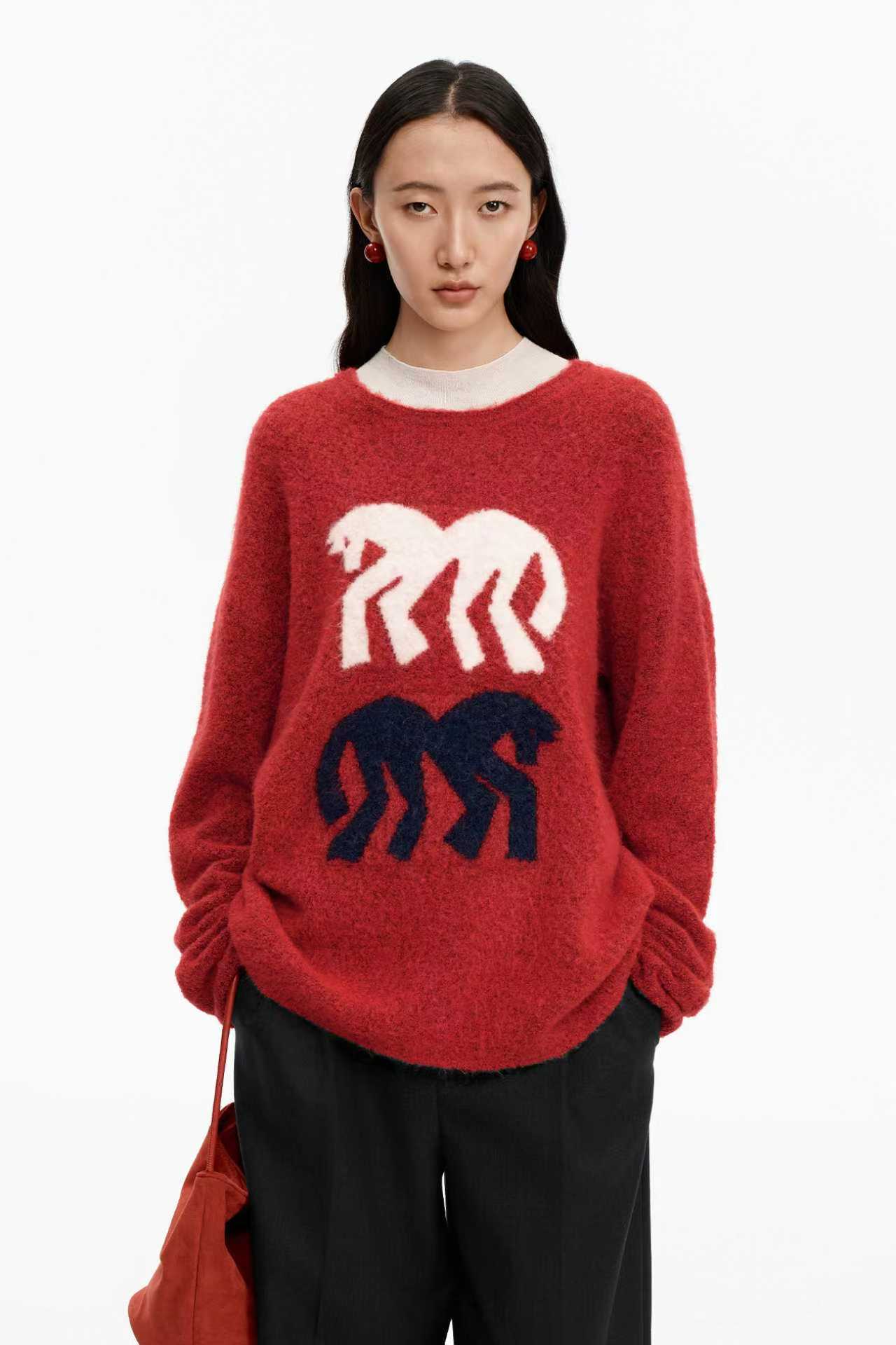 SELFWHO Little Horse Element Warm Crew Neck Knitted Sweater