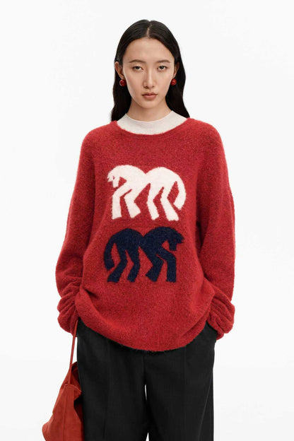 SELFWHO Little Horse Element Warm Crew Neck Knitted Sweater