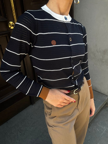 Black Openwork Knit Sweater Long Sleeve T-shirt