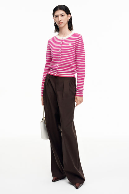 SELFWHO Rose Red Wool Striped Crewneck Knit Top