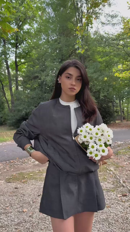 SELFWHO Combed Wool Blend Grey Striped Skirt