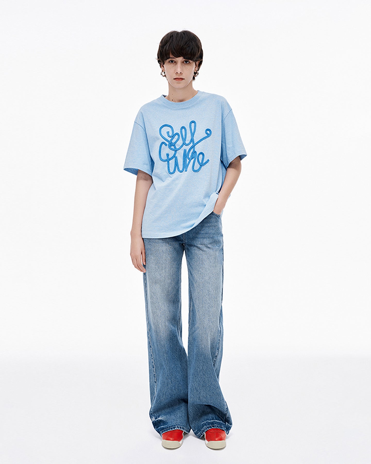 Hand-Embroidered Solid Color T-Shirt