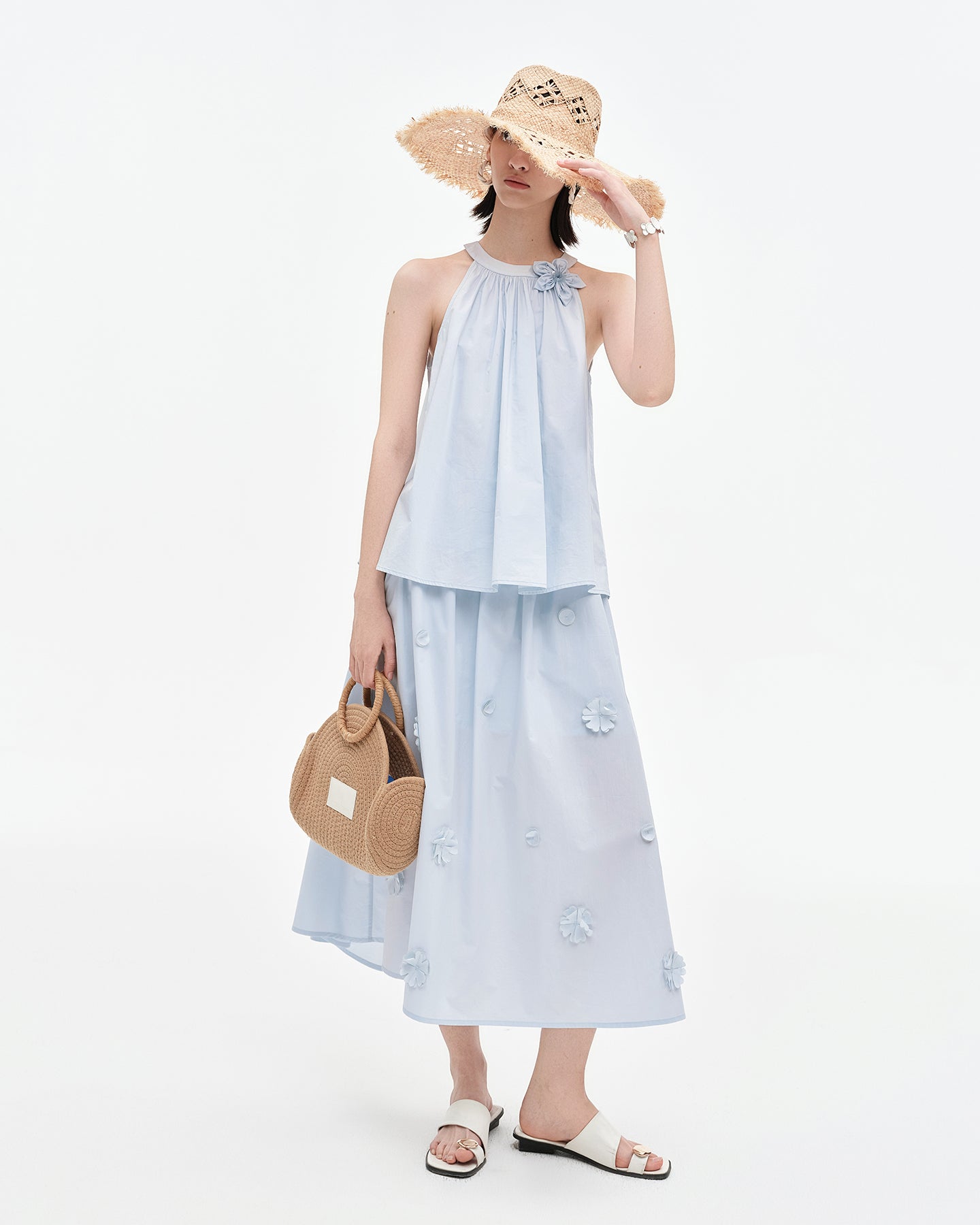 Pure Cotton Detachable Beaded Flower Vest, Skirt Set