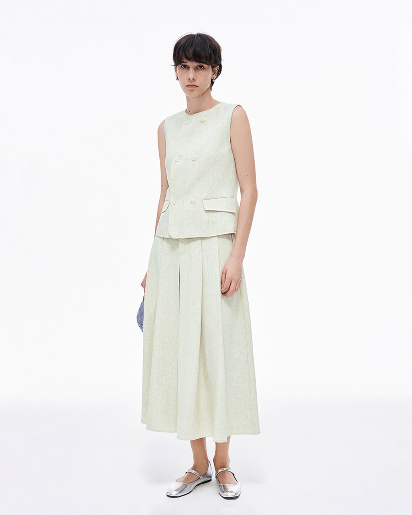 Linen blend suit vest, skirt suit